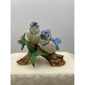 Blue Jay Birds Figurine on Branch by Lefton Ceramic Nature Bird Lover Gift 3.25"